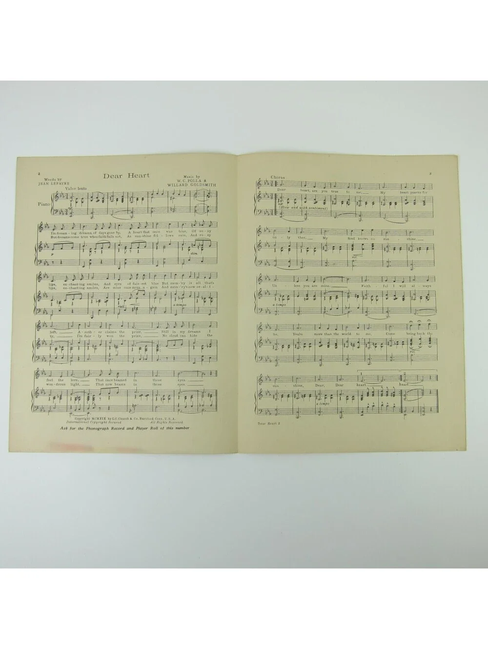 Dear Heart Sheet Music Jean LeFavre WC Polla Willard Goldsmith Antique 1919